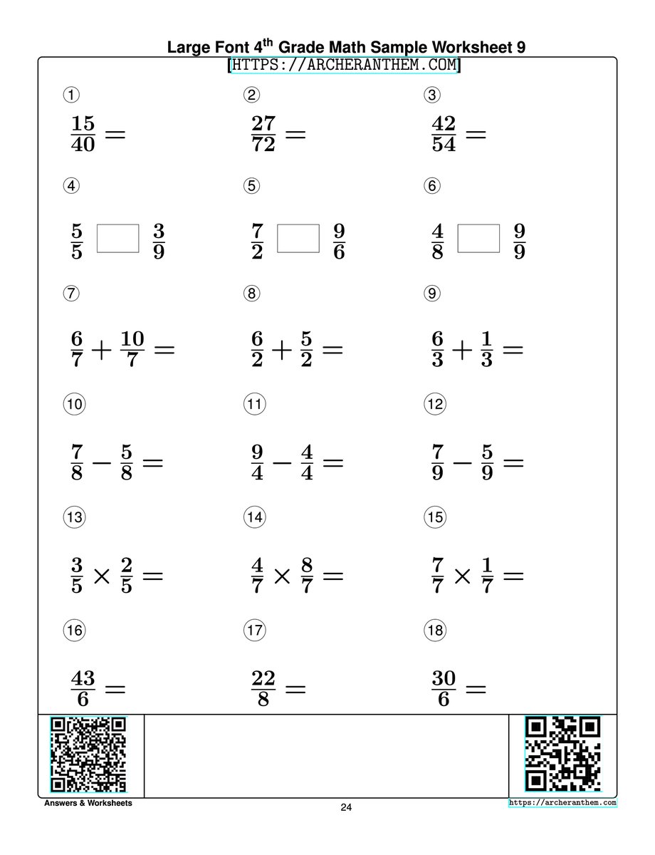 Large Print 4th Grade Math Fractions Printable Worksheet[ARCHERANTHEM.COM]. Easy on Eyes! From simple to long division. Scan QR Code for Answers and More Samples.
archeranthem.com/workbooks/larg…

#homeschool #math #largeprint #SightLoss #division