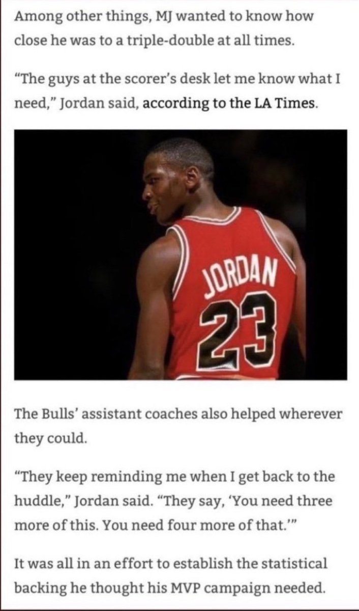Except Jordan admitted to checking stats mid game so he could know what he needed to get triple doubles