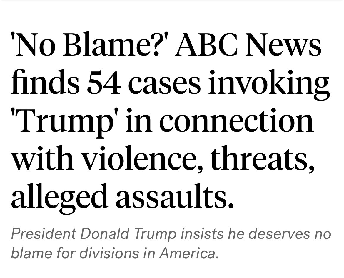 ABC News is refuting Donald Trump’s claims that he doesn’t deserve any credit for the division in this county.

If you recall, Mr. Trump said “I think my rhetoric brings people together” last year.

ABC News found at least 12 cases where perpetrators invoked Trump’s name in the…