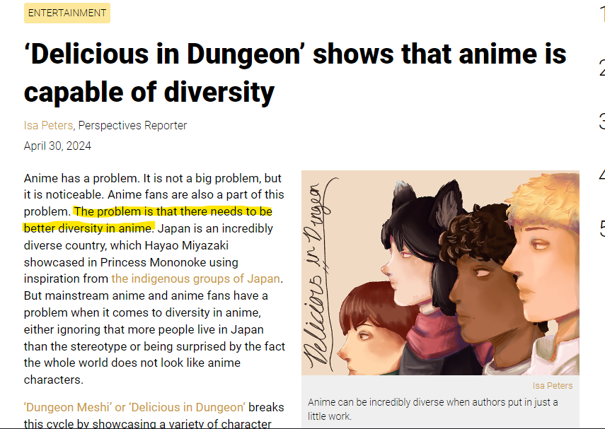 Anime is already a 'diverse' (the actual definition, not the activist usage) medium. There are so many unique characters & stories about almost anything one can imagine. These types are simply upset because it's not the shallow Western social cause version.