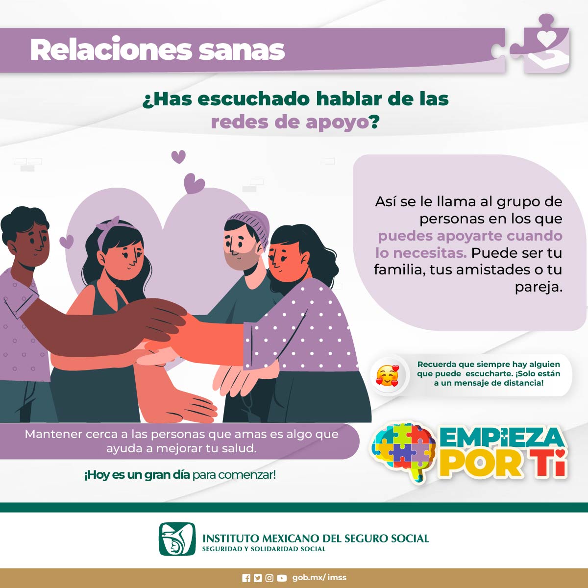 ¿Has escuchado hablar de las redes de apoyo?

👉 Mantener cerca a las personas que amas es algo que ayuda a mejorar tu salud.

#Tlaxcala 🧐 En salud mental... #EmpiezaPorTi 🧠