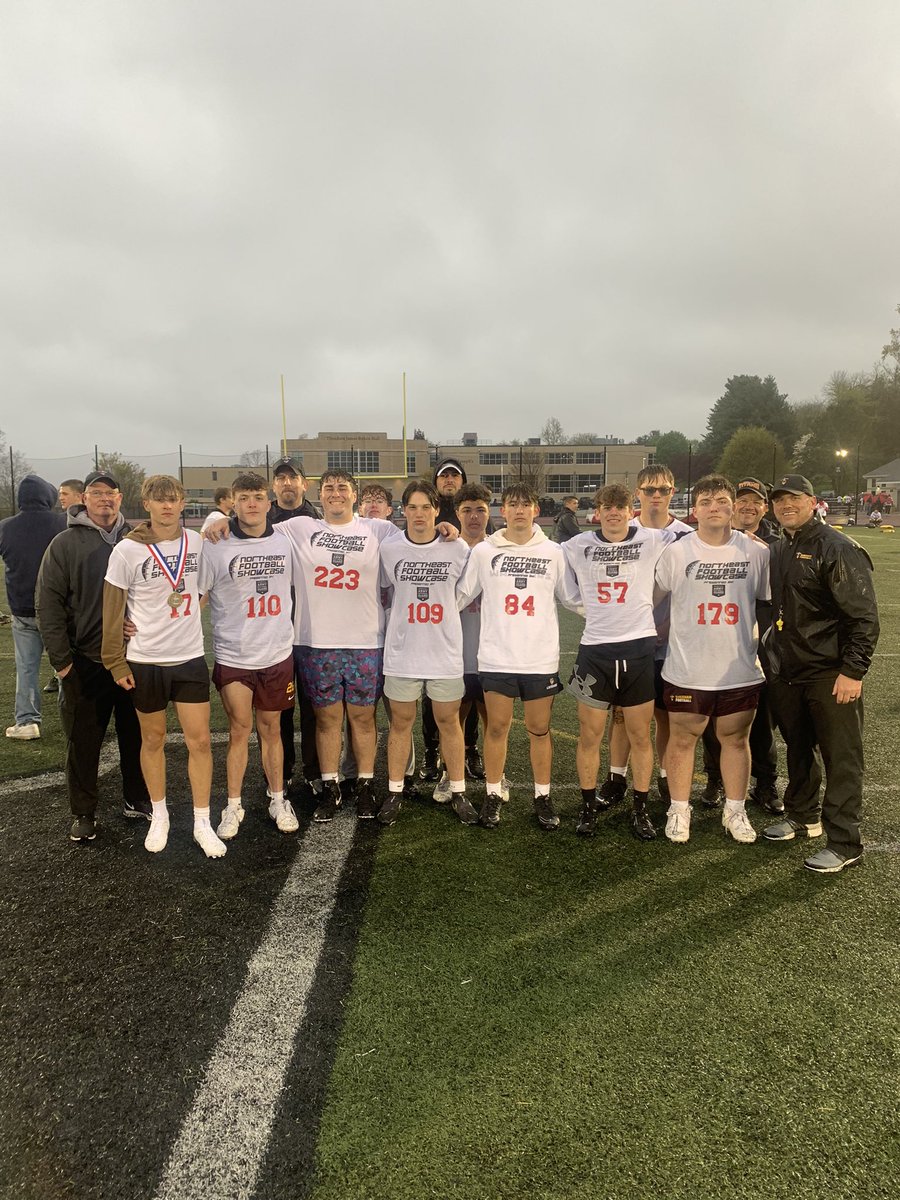 Rain couldn’t stop everyone from getting after it at the @nutmegstategame Northeast Football Showcase today. The players worked hard & competed all day! The coaching staff had great energy & made the day great for the players! Big thx to the 30+ college coaches in attendance!