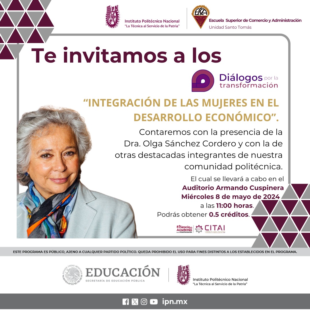 Será un enorme gusto regresar a mi querido @IPN_MX a dialogar con el claustro académico y el alumnado de la @ipn_escasto. Diálogos por la Transformación: 'Integración de las Mujeres en el Desarrollo Económico'.