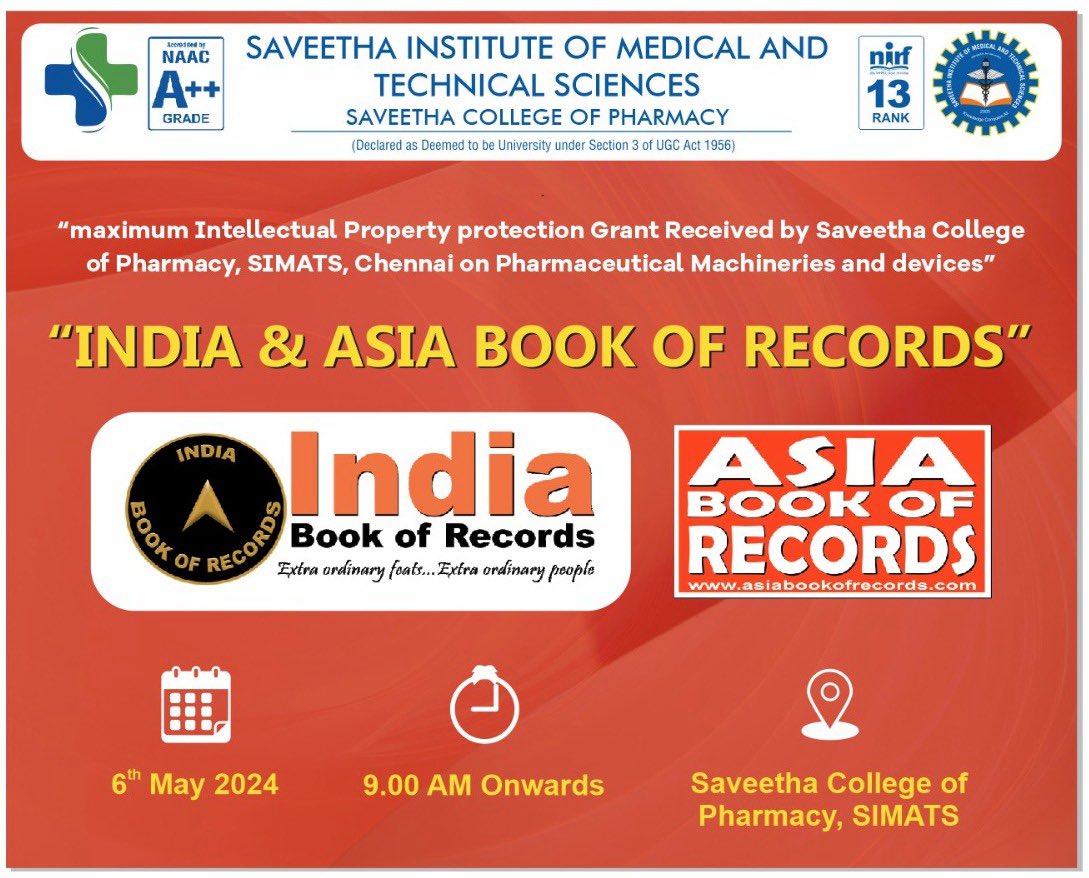 Get ready to witness history in the making! 🎉 Tomorrow, Saveetha College of Pharmacy is gearing up for an epic Book of Records event! Don't miss out on the excitement - stay tuned for live updates! #SaveethaPharmaRecords #RecordBreakers #PharmacyPioneers'
@VC_SIMATS 
@SIMATS2