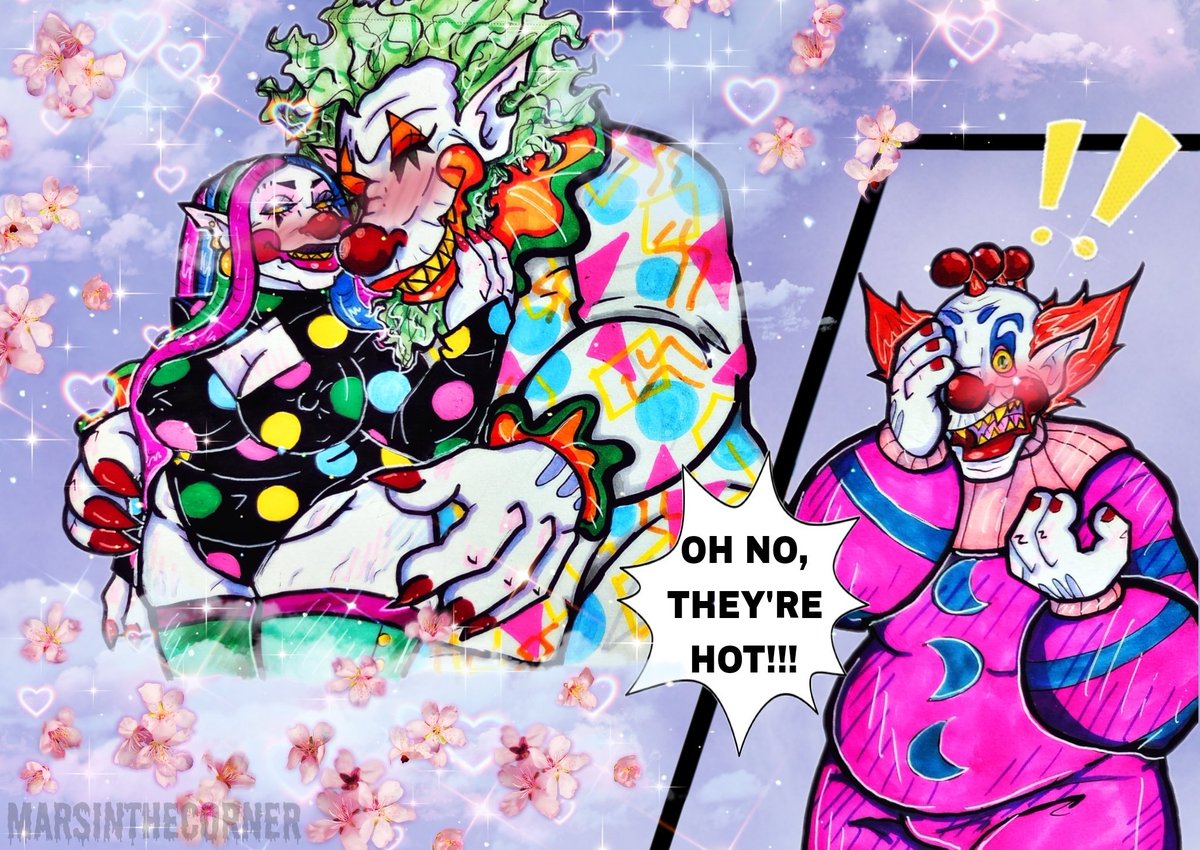 MarsintheCorner's tweet photo. Slim sees the new couple that joins the Big Top for the first time! He can't stand how hot they are, and is often oggling them. It's a good thing they're polyamorous!😏🔥

#myart #killerklownsfromouterspace #kkfos #slim #kkfosslim #ocs #originalcharacters https://t.co/uC9pYnqqdk