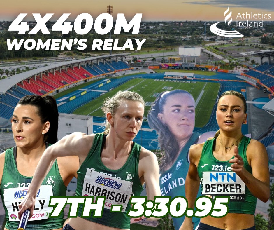 It’s 7th in the final of the Women’s 4x400m for the Irish team at the World Athletics Relays in the Bahamas 🤩 Phil Healy, Roisin Harrison, Lauren Cadden and Sophie Becker clocked a time of 3:30.95 🙌🏻 A super weekend for these athletes! #IrishAthletics #WorldRelays