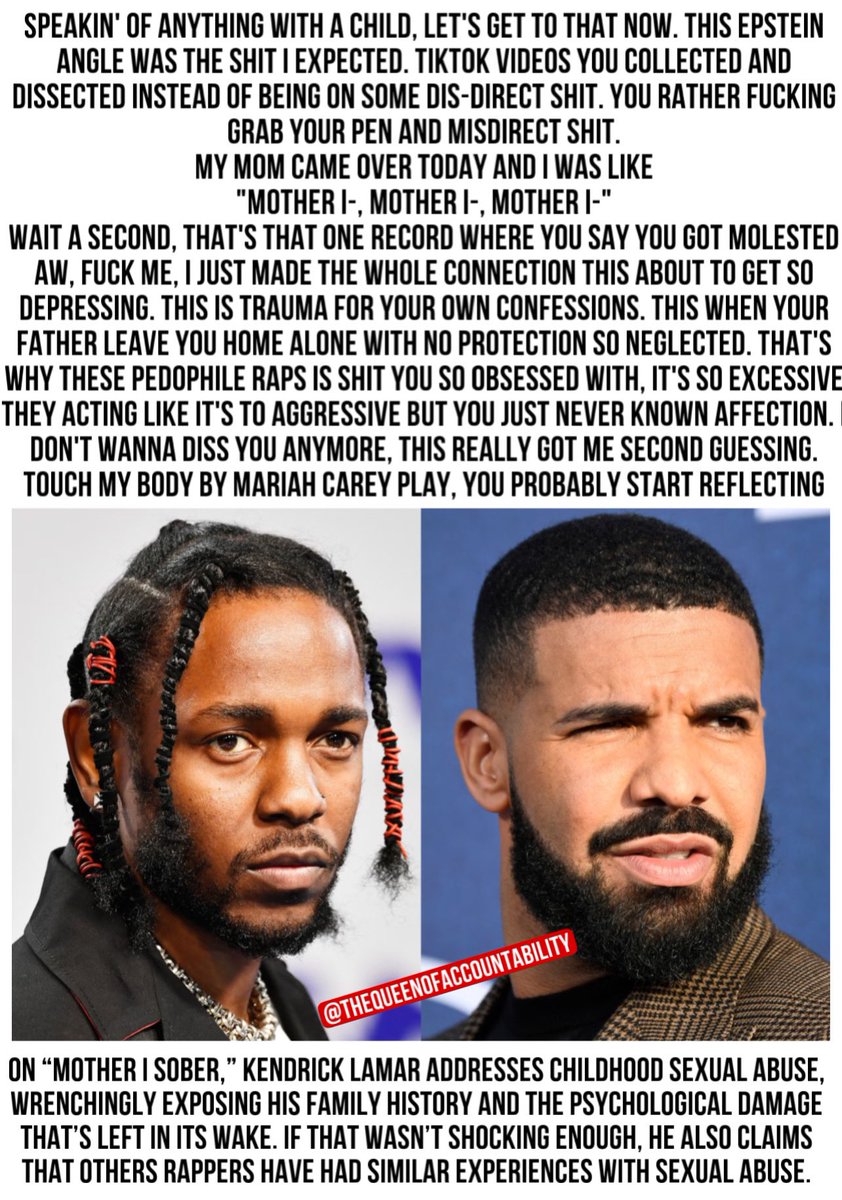 Drake making fun of Kendrick Lamar’s Childhood abuse is wild. This is why men don’t open up. Kendrick mentioned that other rappers have also experienced sexual abuse on his (Mother I) track. This is about to get crazy. #kdot #drake