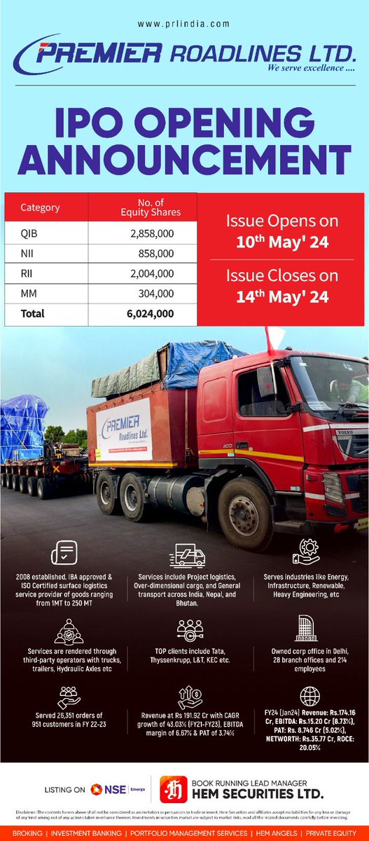 1.Indian Emulsifiers Limited SME IPO

Date : 13-16 May
Issue Price : 125-132
Lot Size : 1000
Issue Size : 42.4 cr

LM : Ekadrisht Capital

2.Premier Roadlines Limited SME IPO

Date : 10-14 May
Issue Price : 63-67
Lot Size : 2000
Issue Size : 40.4 cr

LM : HEM Securities