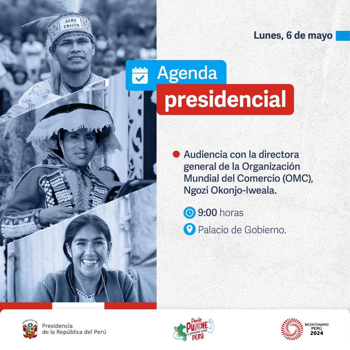 #AgendaPresidencial | La presidenta Dina Ercilia Boluarte Zegarra se reunirá con la directora general de la Organización Mundial del Comercio (OMC), Ngozi Okonjo-Iweala. #PonlePunchePerú 💪 #BicentenarioPerú2024