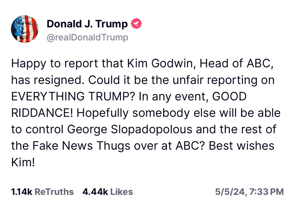 President Trump has a new statement out about the oxygen thieves over at ABC News. GOOD RIDDANCE. It’s called the Trump curse. Everyone who comes after Trump eventually falls. It’s a trend, if you haven’t noticed.