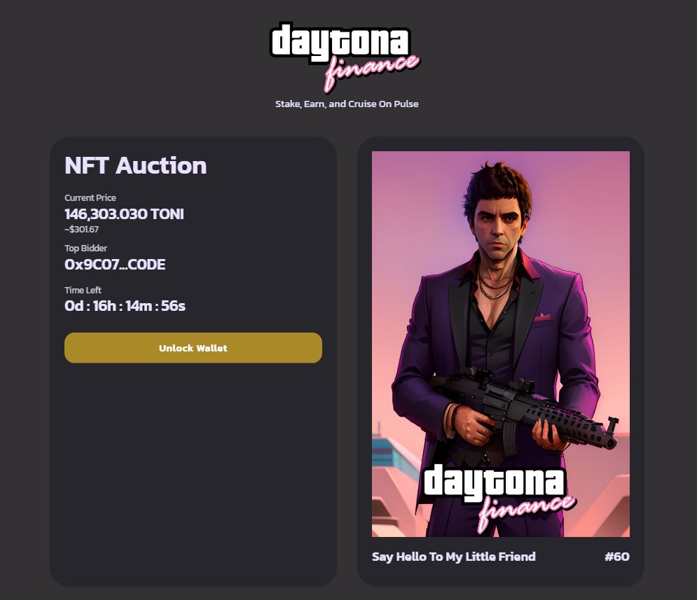 ⏳ 16 HOURS LEFT ⏳ This next #NFT auction is going to bring us to 11 MILLION TONI BRUNT No one on #PulseChain is doing this. We are one of very few projects on this #blockchain that actually cares about it's community; Daytona.Finance The BEST ecosystem…