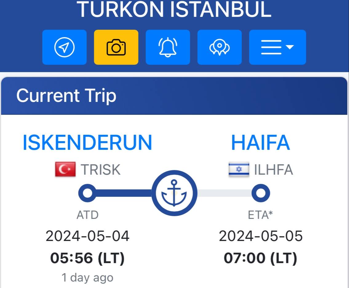 ⚡️BREAKING:

Turkish container ship 'Turkon Istanbul' arrived near the port of Haifa, Israel.

Few days ago Turkish President Erdogan announced to have suspended all trades with Israel.