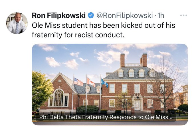 Great that #MississippiState has kicked #JPStaples out of his #fraternity. But that's the least of what should happen.

He should be fucking #expelled from the #college. Are they so accepting of #racism that they'll allow the chud to stay?

We shall see.