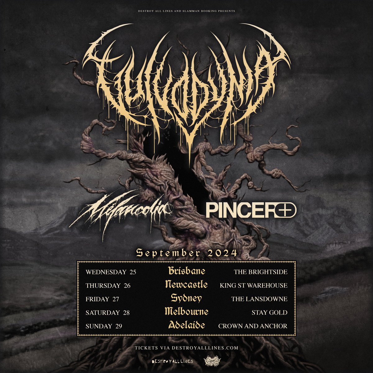 South African brutal death metal unit @VulvodyniaSlam return to Australia in September with @melancolia_exe and Pincer+. Early Bird Presale: Wed 8 May @ 12 PM 𝙇𝙊𝘾𝘼𝙇 Sign up for Presale ➟ daltours.cc/vulvodynia General public on-sale: Fri 10 May @ 12 PM 𝙇𝙊𝘾𝘼𝙇