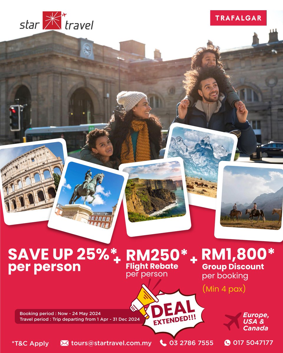 🌟 Good News for all!! DEAL EXTENDED! 🌟 Ready to turn your European vacation dreams into reality? Look no further!

#europetrip #traveldealseurope #startravelkl

📩 tours@startravel.com.my
☎ 03-27867555
📱 017-5047177
🌐 startravel.com.my