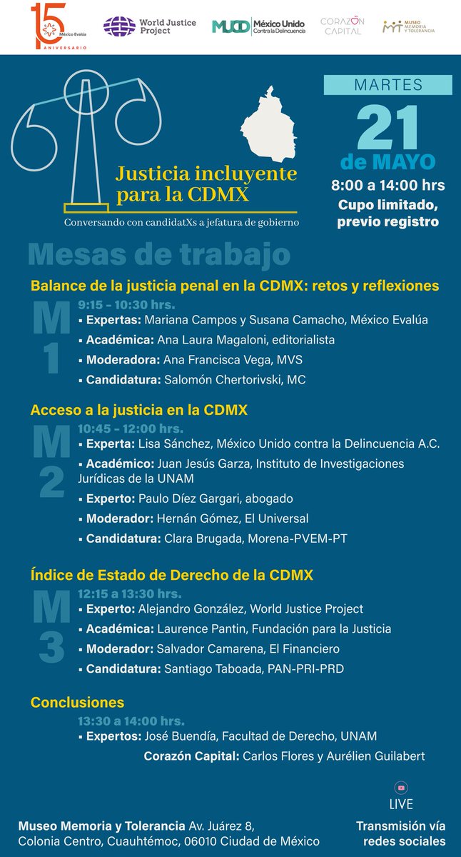 📌 ¡Aparta la fecha!

@mexevalua, @MUCDoficial y @CorazonCapital te invitamos al Foro Justicia incluyente para la #CDMX.

🗓️ Martes 21 de mayo 
📍@museomyt
🕘 9:00 hrs

Participan:
- @Chertorivski 
-@ClaraBrugadaM 
-@STaboadaMx 

Regístrate: bit.ly/3K1PgOh