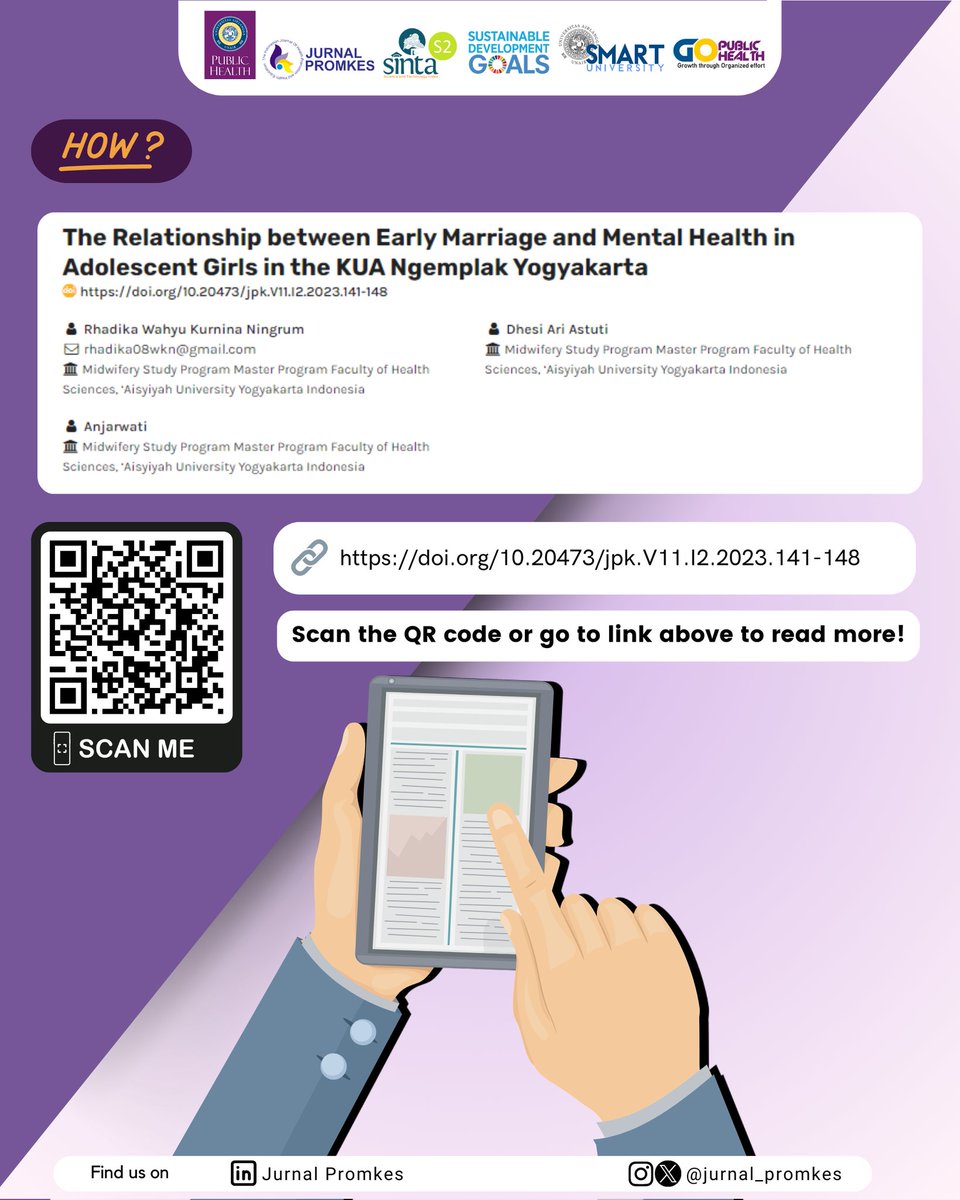 Read the article by scanning the QR code or clicking the following link to find out more!
doi.org/10.20473/jpk.V…

#jurnalpromkes #promosikesehatan #healthpromotion #healtheducation #healthliteracy #healthjournal #fkmunair #universitasairlangga #earlymarriage #mentalhealth