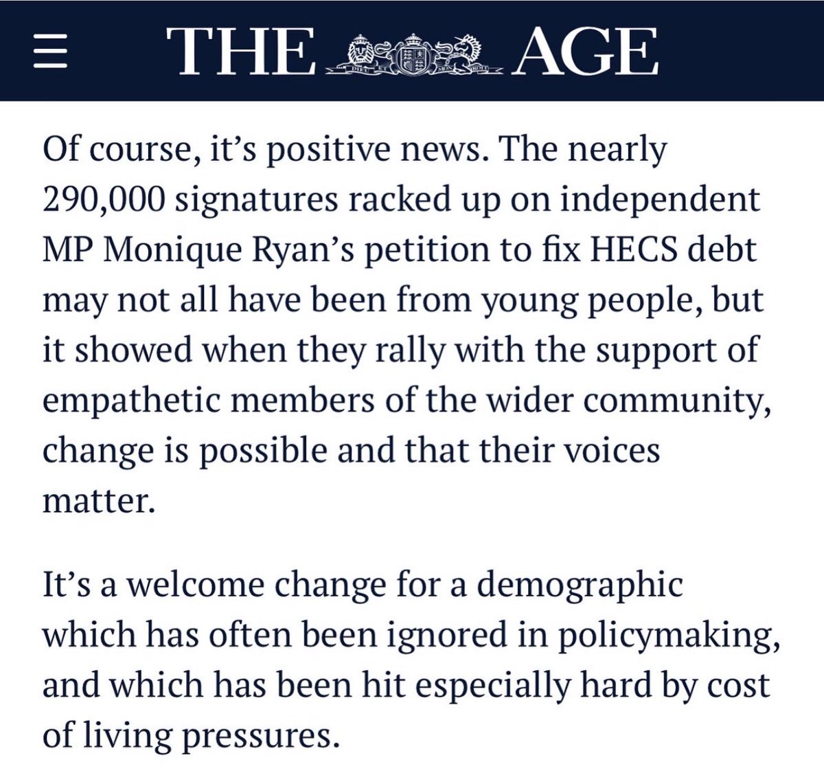 Thanks, the Age, for acknowledging that the action on HECS that we’ve seen in the last 24 hrs reflects the impact of communities and their representatives rallying together for positive change. There’s much more to do on HECS - this is just the start.