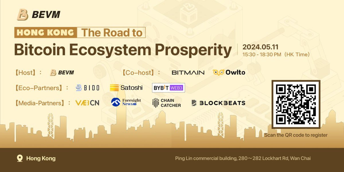 🙌Embark on a journey toward 'The Road to Bitcoin Ecosystem Prosperity - Hong Kong Edition'!🇭🇰 Dive into the future of #Bitcoin alongside leading industry innovators and be part of the revolution! Register now🎟️: lu.ma/zhj87vcc Hosted by #BEVM, co-hosted by…