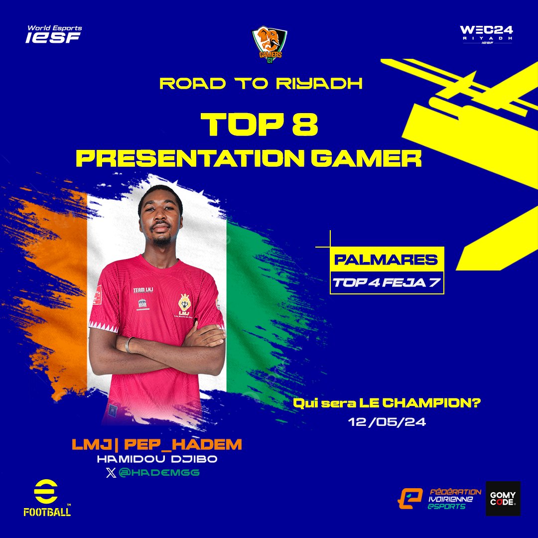 gamersci_'s tweet photo. Nous entamons la dernière ligne droite des qualifications nationales 🇨🇮 #RoadToRiyadh sur #eFootball2024 🎮⚽️
Les 2 premiers qualifiés pour la Finale Nationale
- LMJ| @HademGg 
- PUNISHER @LasmSandrine225 

📅 dimanche 12 mai
🕙 10h GMT
📍GoMyCode Riviera https://t.co/TTBoI3iUlP
