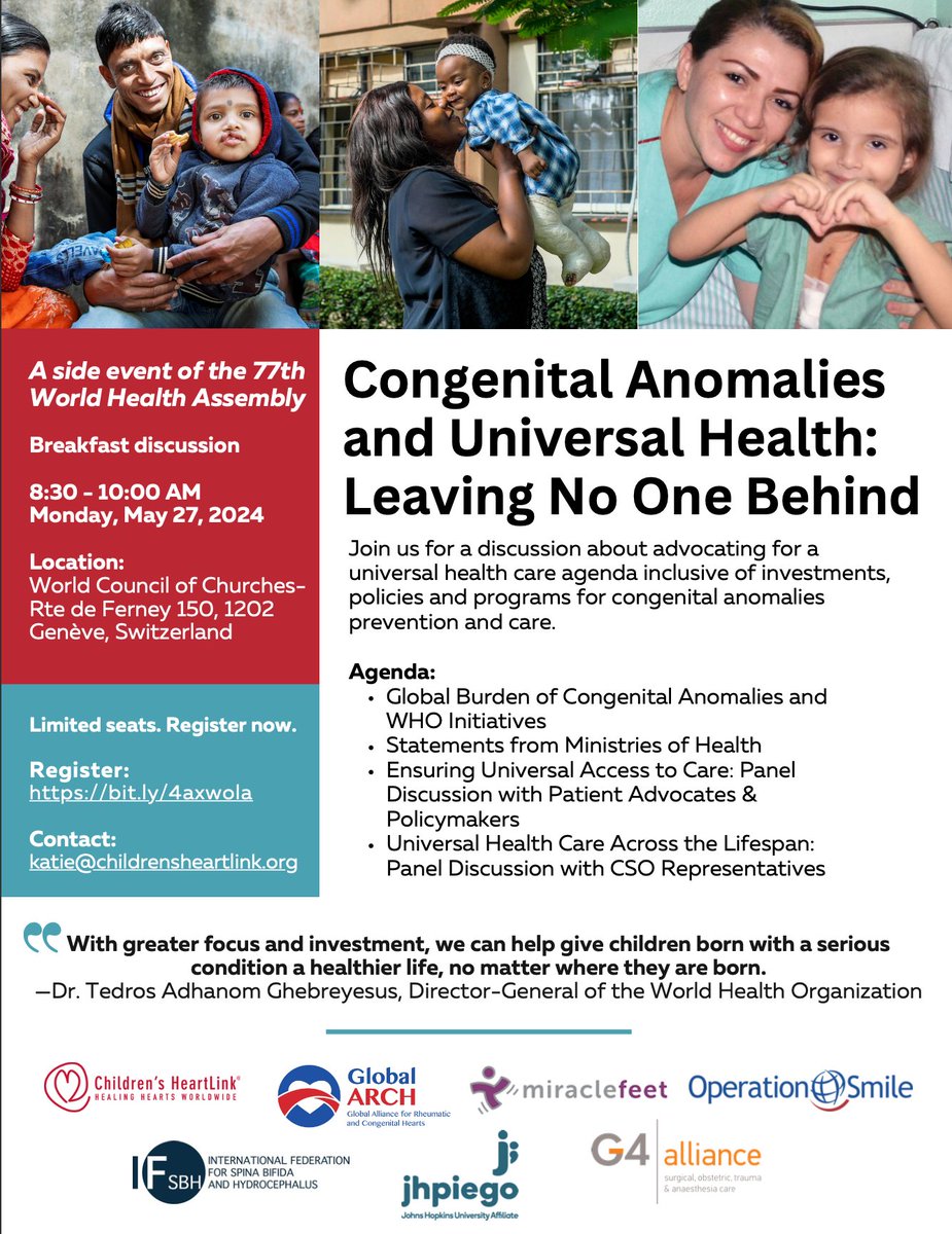 It was great to collaborate w/ colleagues to plan this event during #WHA77: 🗓️May 27, 2024, 8:30 AM ▶️Register: bit.ly/4axwola Congenital conditions are common and need to be included in #UHC, come hear about our solutions! #HealthForAll #CHD