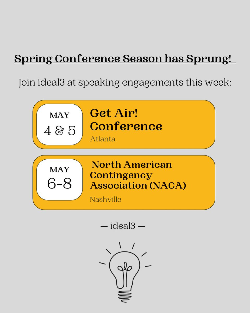 Spring Conference Season has sprung! Join ideal3 at speaking engagements this week:
 
• Get Air! Conference: 5/4-5/5 in Atlanta 
• North American Contingency Association (NACA): 5/6 - 5/8 in Nashville 

#ideal3 #insuranceindustry #claims #conference