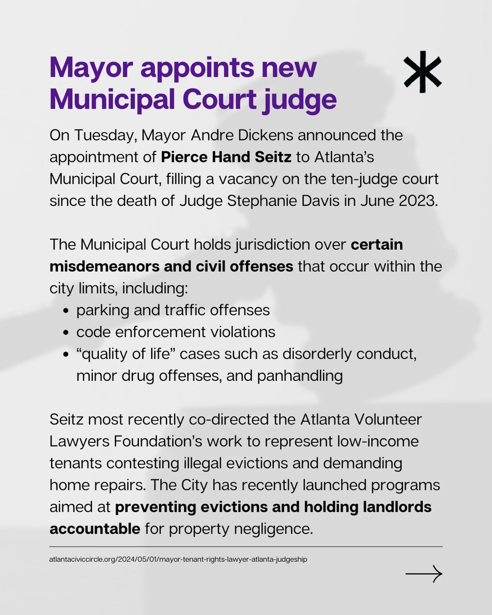 (3/10) Mayor @andreforatlanta appointed attorney Pierce Hand Seitz to be a judge on the @ATLCourt, filling a position that’s been vacant since last June.   atlantaciviccircle.org/2024/05/01/may…