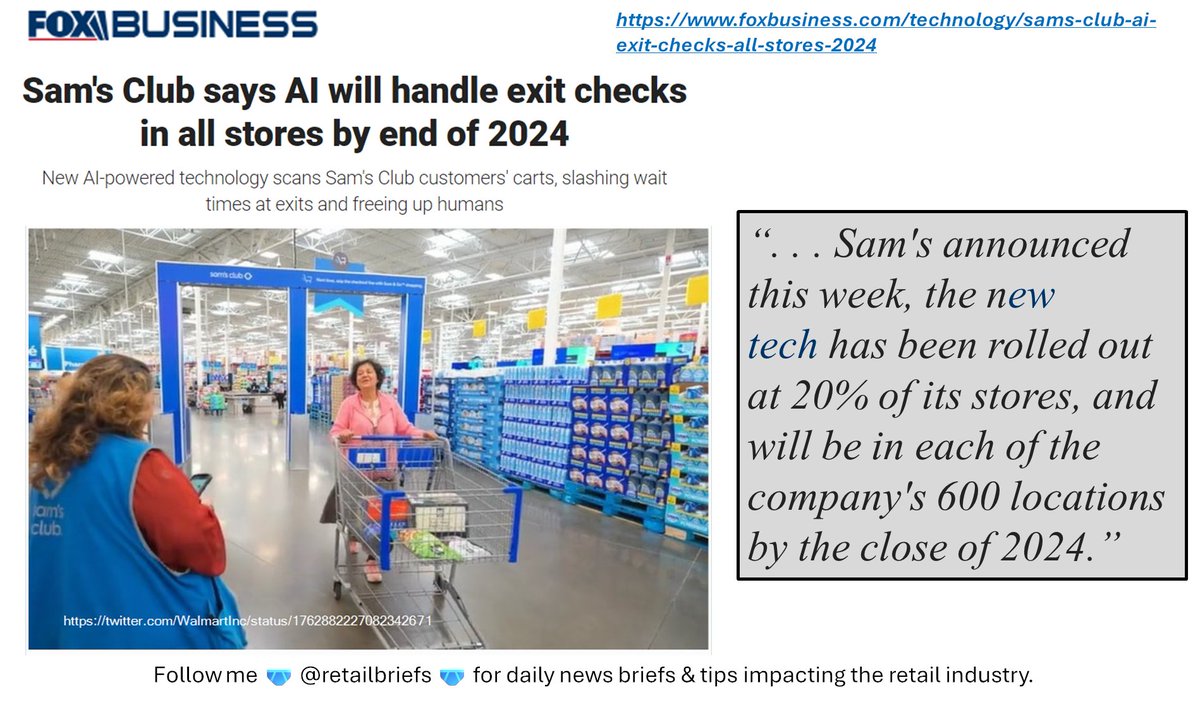 🩲Wow! That's sooner than I thought.

FoxBusiness: 'Sam's Club says AI will handle exit checks in all stores by end of 2024'
#retail #AI #retailinnovation 
foxbusiness.com/technology/sam…
