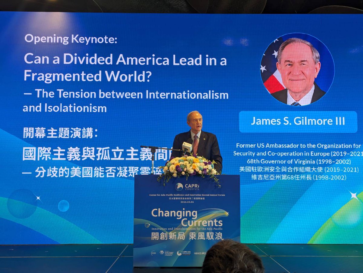 At CAPRI's 2024 Annual Forum, @gov_gilmore reassures that America can lead a fragmented world and protect its allies. Watch it live: bit.ly/49QTyCA
