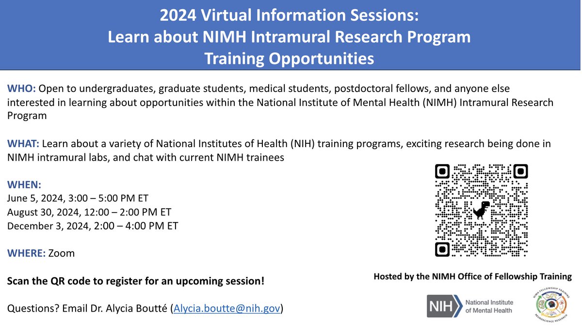 Mark Histed-🧠 Lab (@histedlab) on Twitter photo Interested in doing a PhD or postdoc at <a href="/NIH/">NIH</a>?
Three virtual info sessions here including June 5.
Feel free to attend, ask questions and meet current students and postdocs.
<a href="/NIMHgov/">National Institute of Mental Health (NIMH)</a> <a href="/IRPatNIH/">NIH Intramural</a> <a href="/ngfriedman138/">Nina Friedman</a> Interested in doing a PhD or postdoc at <a href="/NIH/">NIH</a>?
Three virtual info sessions here including June 5.
Feel free to attend, ask questions and meet current students and postdocs.
<a href="/NIMHgov/">National Institute of Mental Health (NIMH)</a> <a href="/IRPatNIH/">NIH Intramural</a> <a href="/ngfriedman138/">Nina Friedman</a>