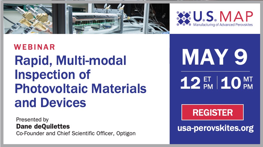💥Webinar Alert!💥

@Optigon_Inc was recently selected to join the US Manufacturing of Advanced Perovskites (US-MAP) Consortium! I'll be giving an intro to Optigon and our vision for perovskite characterization and optimization on May 9 at 12p.Register👇 nrel.zoomgov.com/webinar/regist…