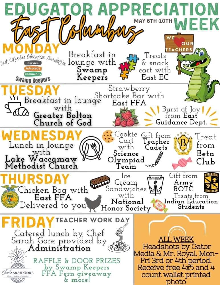 Y’all! It’s EDUGATOR APPRECIATION WEEK in THE SWAMP! 🐊💚🧡🍏🧡💚🐊 Look at what’s in store for our amazing teachers and staff! #TeacherAppreciationWeek #education #growth #leadership