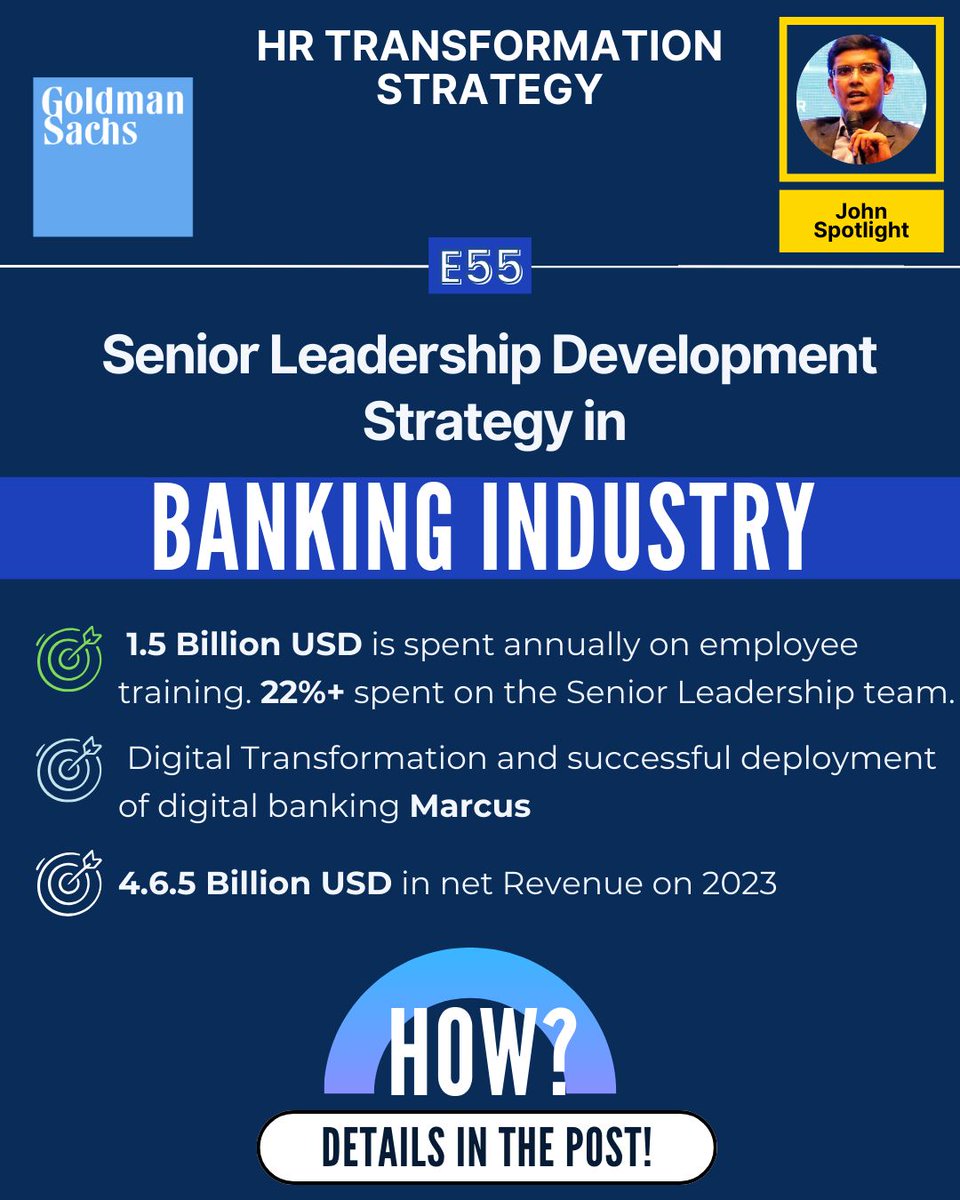 Unlocking success in banking leadership:

Continuous Learning Culture: Goldman Sachs invests $1.5 billion annually in training, making it a core HR budget.
Dedicated Training Programs: 'Goldman Sachs Leadership Development Program' upskills senior leaders in banking innovation.