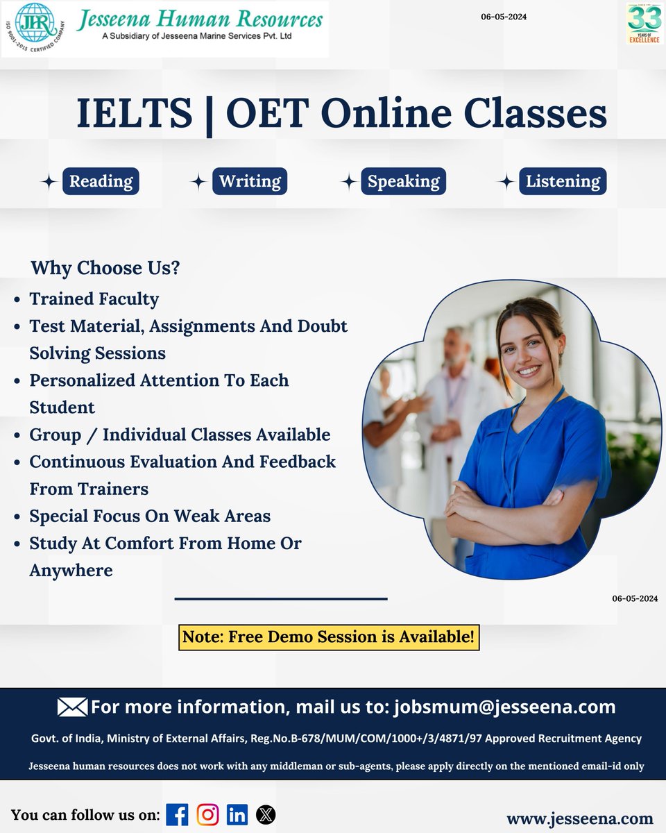 IELTS | OET online classes

For more information, mail us to:
jobsmum@jesseena.com

#IELTSTraining #OETTraining #ReadingSkills #WritingSkills #SpeakingSkills #ListeningSkills #TrainedFaculty #TestPrep #PersonalizedAttention #ContinuousFeedback