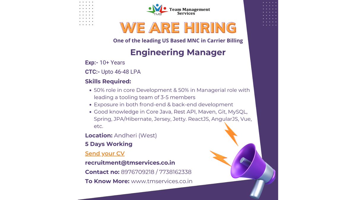 We're hiring an Engineering Manager to guide our team and shape the future of technology.

recruitment@tmservices.co.in | 8976709218 – 7738162338
 
#tms #hrmodeon #hr #hrservices #hroutsourcing #hrsolutions #mumbai #monday #engineeringmanager #tech #engineeringleadership