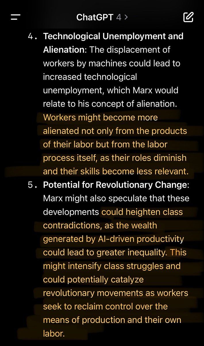 When you ask ChatGPT what Marx would have had to say about the effects of AI on the profitability of Capital and the impact this might have on labour… 🤔