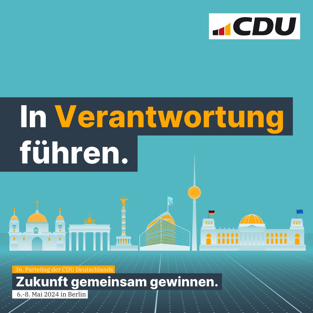 Wir sind bereit. Heute startet der #cdupt24 in Berlin. Das Highlight am 1. Tag: Die Wahlen unserer Parteispitze. Wir wollen Deutschland in Verantwortung führen. Darauf kommt es an. Und dafür stellen wir die personellen Weichen.

📲Hier live dabei sein: cdu-parteitag.de