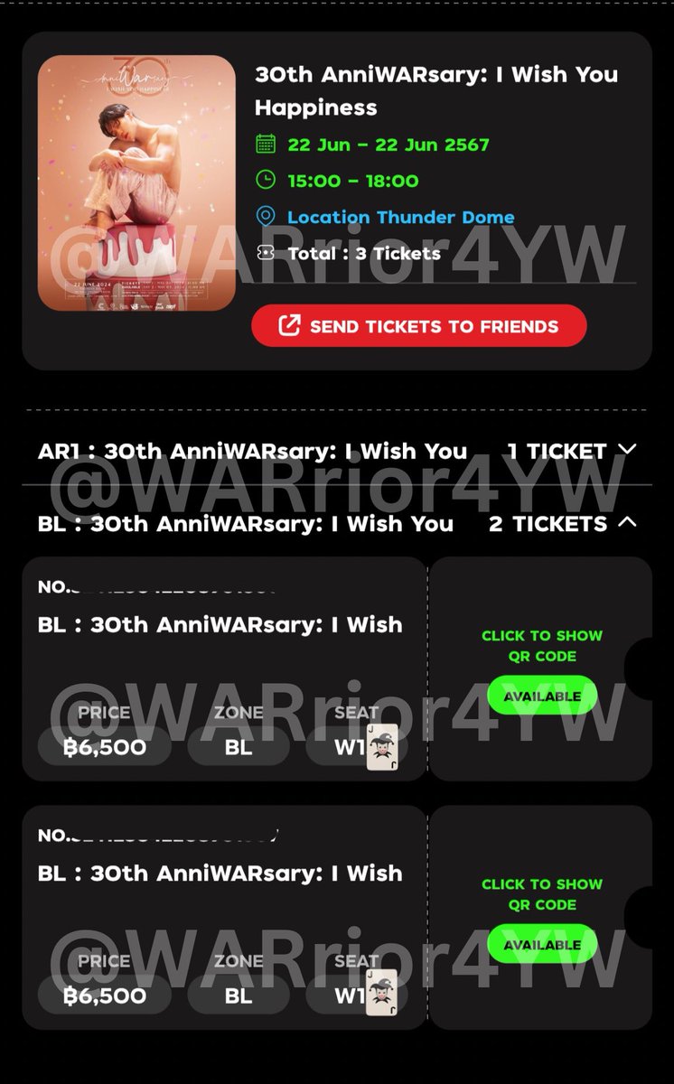 WTS (want to sell) #30thAnniWARsary 6500 : 2 Tickets (Day 1 - 22/06) Zone BL - W1x & W1x (side by side) 6500+fee (nego) PS : I bought extra tickets, pls DM🙏 #warwanarat