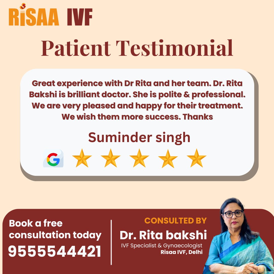 Exceptional care and expertise at Risaa IVF with Dr Rita Bakshi and her dedicated team! Grateful for their professionalism and positive outcomes. Here's to more success ahead!  #RisaaIVF #DrRitaBakshi #FertilitySuccess