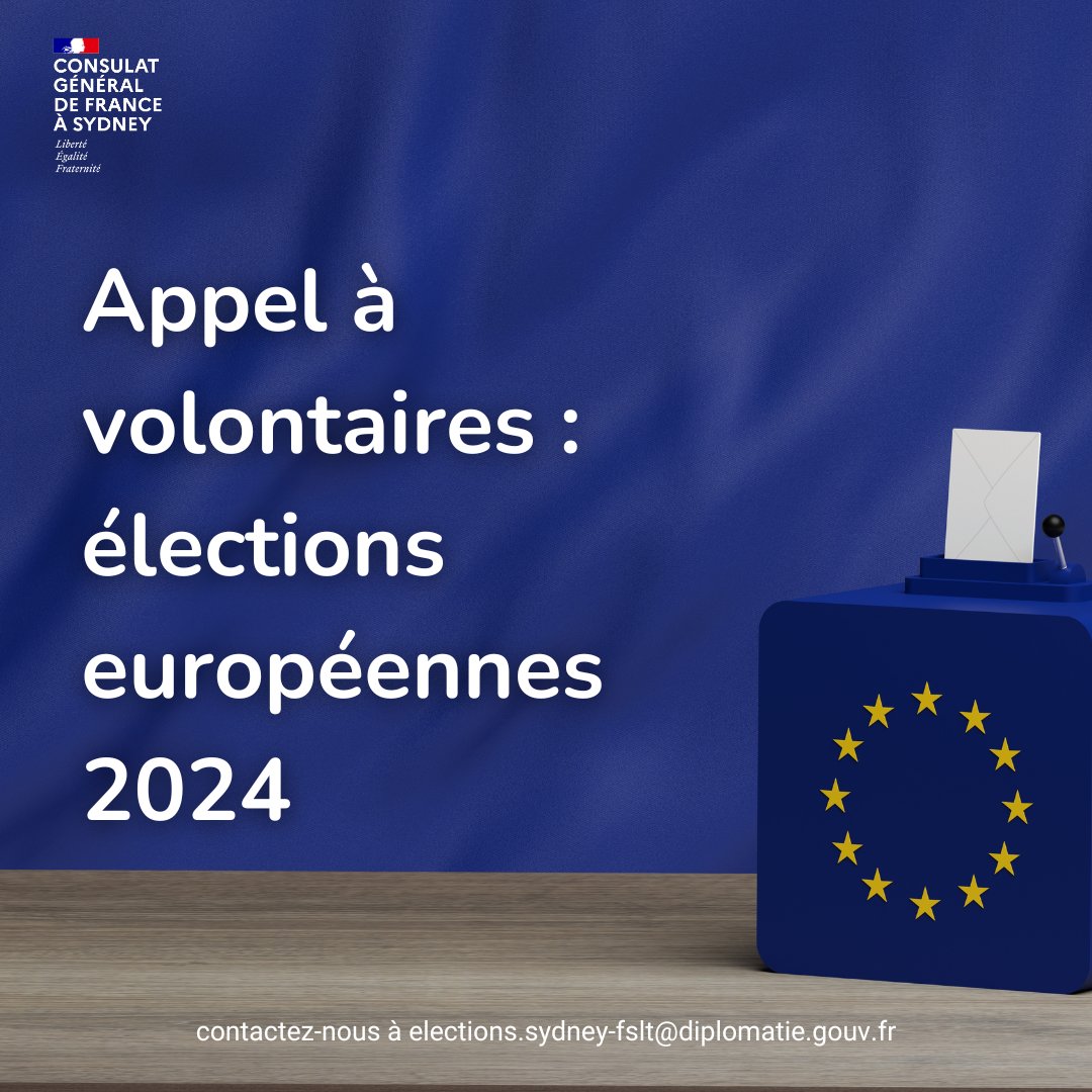 APPEL À VOLONTAIRES - ÉLECTIONS EUROPÉENNES 2024

Pour les #electionseuropeennes2024, le Consulat de France à Sydney recherche des volontaires pour la tenue des bureaux de vote en Australie.

Contactez-nous à elections.sydney-fslt@diplomatie.gouv.fr

#Europennes2024
#AllonsVoter