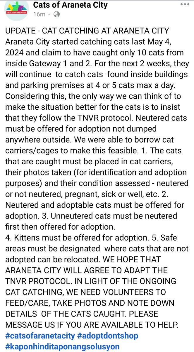 Hi, @AranetaCity. I saw these posts on FB and wanted to share them. With all due respect, please be kind to all cats and dogs. Please don’t harm these innocent animals 💔

To everyone who supports #AnimalWelfare, please help spread the word so it reaches #AranetaCity. Thank you.