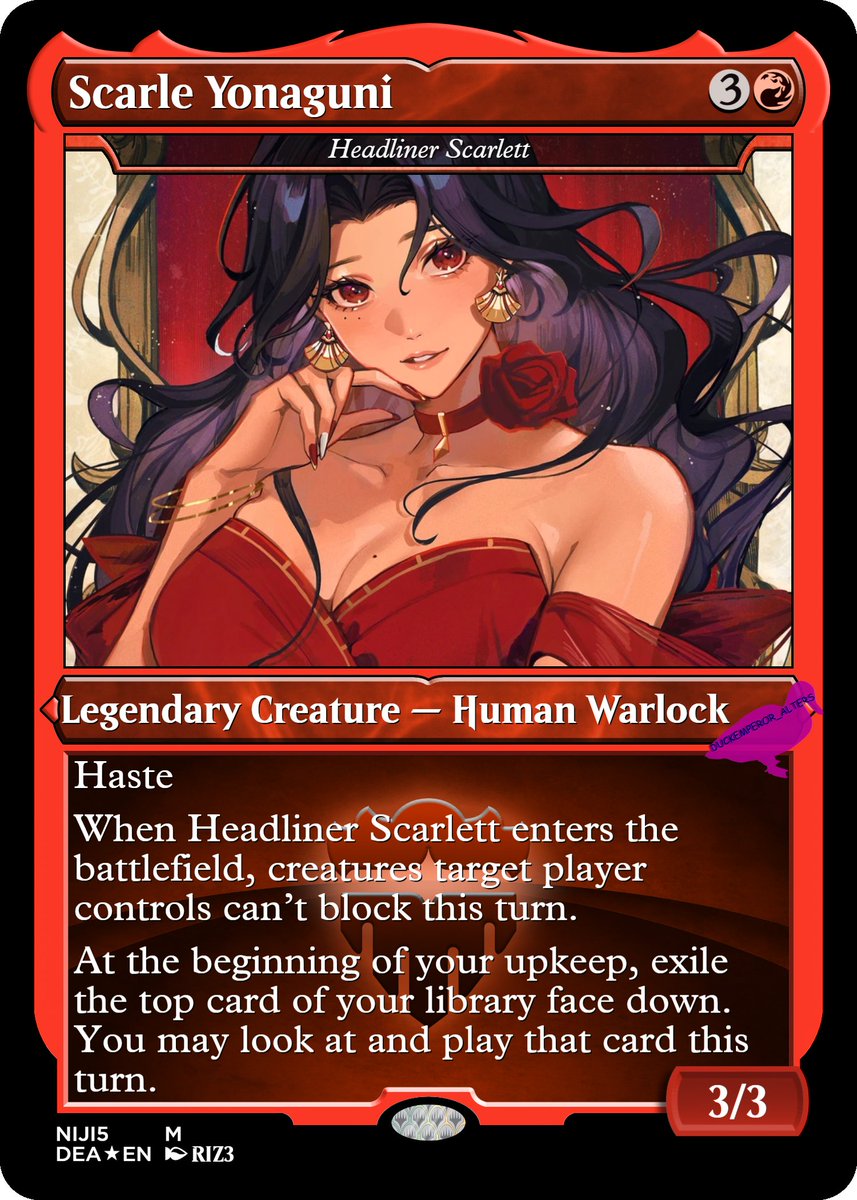 When I saw this card spoiled I knew I had to make an alter of it with Scarle, everything fits so perfectly! The set symbol suffered a lot due to the colors. 
#ScarleYonaguni #ScarleArt #MTG #MTGA #mtgcommander #magicthegathering #mtgalters #mtgproxy #MTGアリーナ #mtgjp #mtgmh3