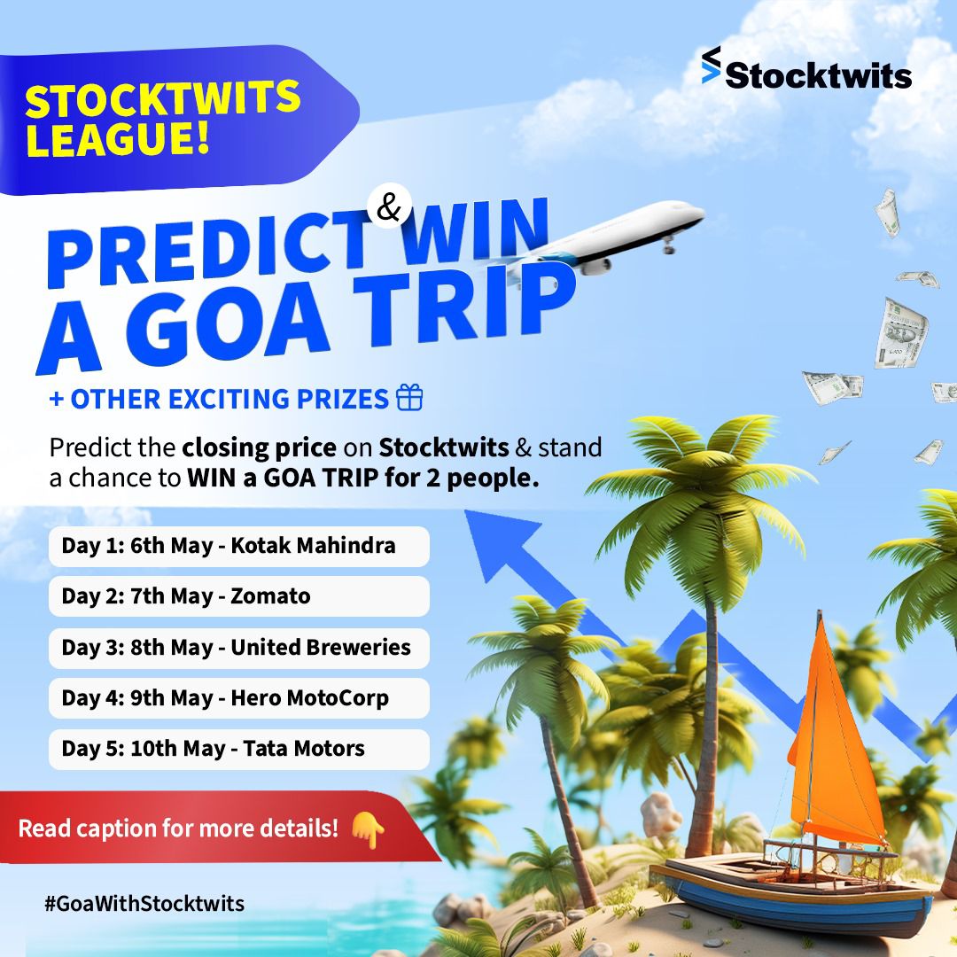 Participate in India's biggest Stock Market Challenge! Join the Stocktwits League for FREE—predict daily stock prices & win a Goa trip, AirPods, and more! 🎉 Don't miss out, enter now! 🚀 To participate and know the rules, visit - stocktwits.onelink.me/Lo6t/96joiszm #GoaWithStocktwits…