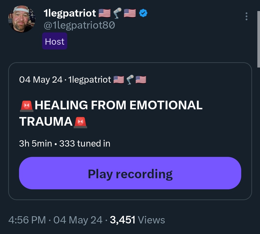 🔥 ICYMI Saturday May 4, 2024 'HEALING FROM EMOTIONAL TRAUMA' With Beer at the Parade 🍺 & 1legpatriot 🇺🇸🦵 🇺🇸! #MAGAScene #Brainstorm17 #MYGA (MAKE YOURSELF GREAT AGAIN!) twitter.com/1legpatriot80/…? @1legpatriot80 @ScottZPatriot @MAGA_Scene Truth, X, & IG