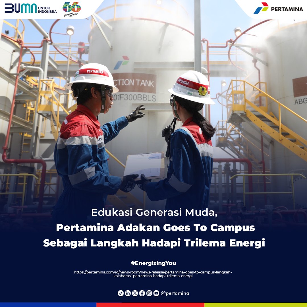 Pertamina Edukasi Generasi Muda untuk Hadapi Trilema Energi Melalui Pertamina Goes To Campus Kegiatan ini akan digelar di 15 Universitas di Indonesia lho, Sobat. Yuk cek informasi selengkapnya dengan klik link di bawah ini! pertamina.com/id/news-room/n… #EnergizingYou