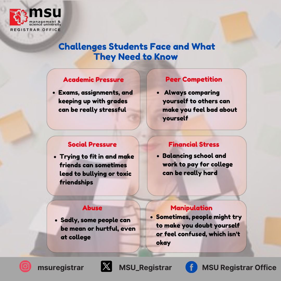 Don’t let challenges hold you back in college! Empower yourself with the knowledge and skills needed to conquer academic, social, and personal hurdles. #empoweredstudents #successmindset #MSUmalaysia @MSUmalaysia