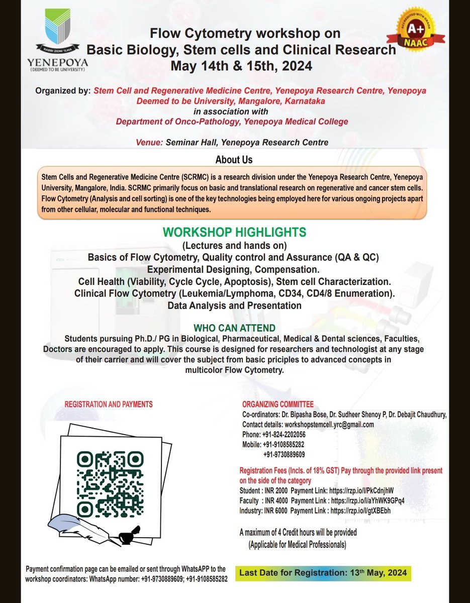 Stem Cells and Regenerative Medicine Centre, #Yenepoya Research Centre, #Yenepoya (Deemed to be University), Mangalore is organizing a workshop on #flowcytometry in basic biology, stem cells and clinical research from May 14th to 15th, 2024. Registrations open till 13th May 2024