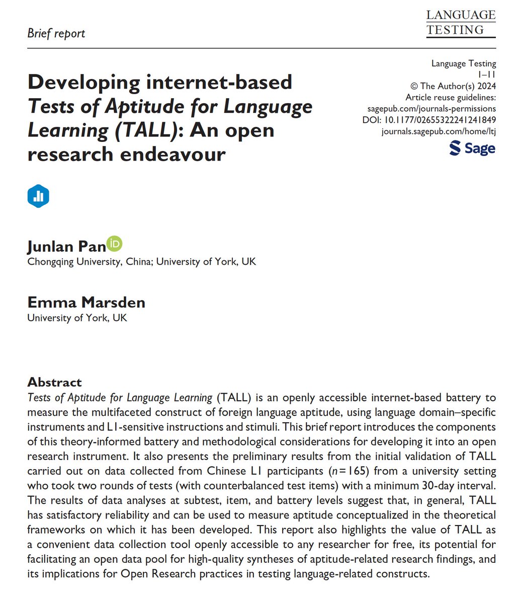 Now available in Online First, @JunlanPan and Emma Marsden (@UniOfYork) present the preliminary results from the initial validation of Tests of Aptitude for Language Learning (TALL), an open research instrument for measuring language learning aptitude. journals.sagepub.com/doi/10.1177/02…
