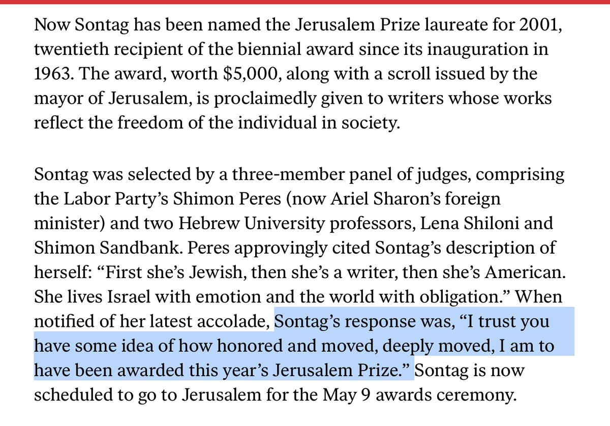 #SusanSontag and the Jerusalem Prize

Sontag’s response was, “I trust you have some idea of how honored and moved, deeply moved, I am to have been awarded this year’s Jerusalem Prize.”

Alexander Cockburn
@thenation 2001 thenation.com/article/archiv…