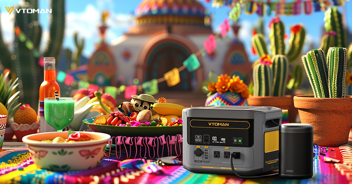 Celebrate #CincoDeMayo with VTOMAN FlashSpeed 1500! 🎉🌵 Power your party all day with 1500W & 1548Wh capacity. Add an extra battery for double the energy. Keep the fiesta going without interruption! 🍹💃 #PartyAllDay #VTOMANPower #FiestaForever